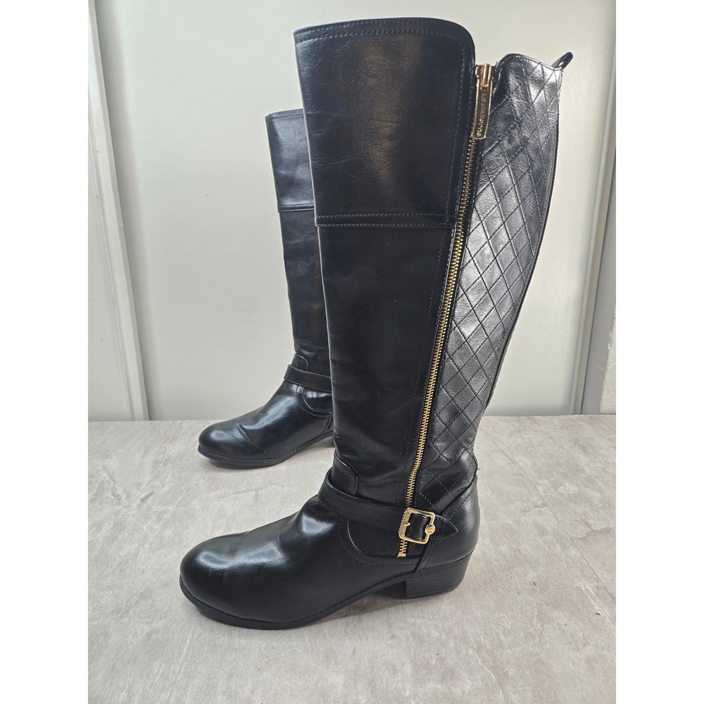 Liz Claiborne Quilted Riding Boots 9.5 Wide Calf Black Equestrian Harness Tall